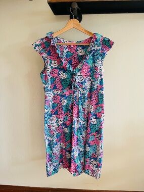 Lilly Pulitzer Pink, Blue & Green Ruffle-Trim Midi Dress, silk blended